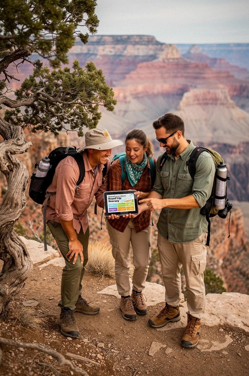 Scenic overlook of layered red rock canyons, winding desert highways, and distant mesas connecting Grand Canyon and Southwest national park destinations.